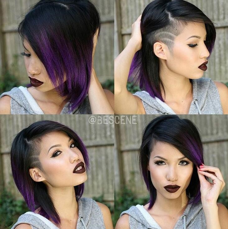 Edgy purple bob haircut with a shaved side