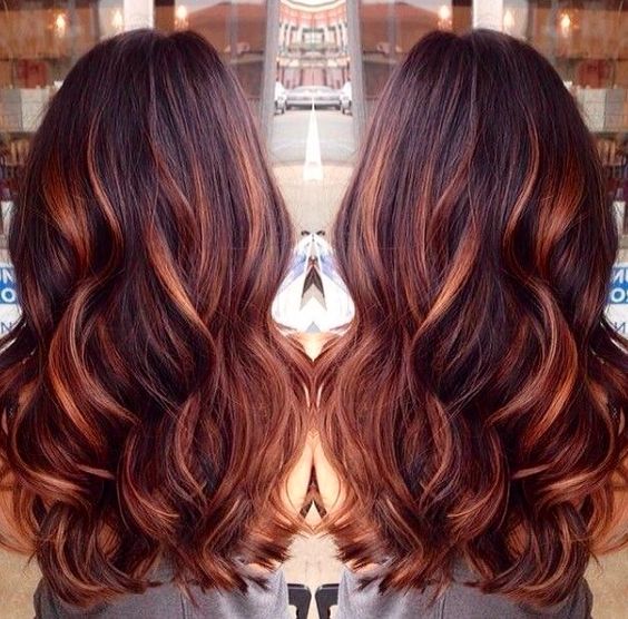 Dark Brown Hair with Caramel Highlights and Red Lowlights
