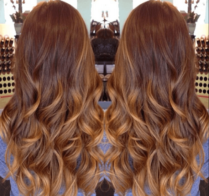 Balayage Hair Color with Red and Caramel Highlights