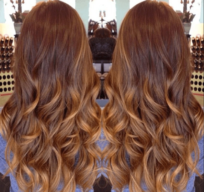 caramel hair color with red highlights