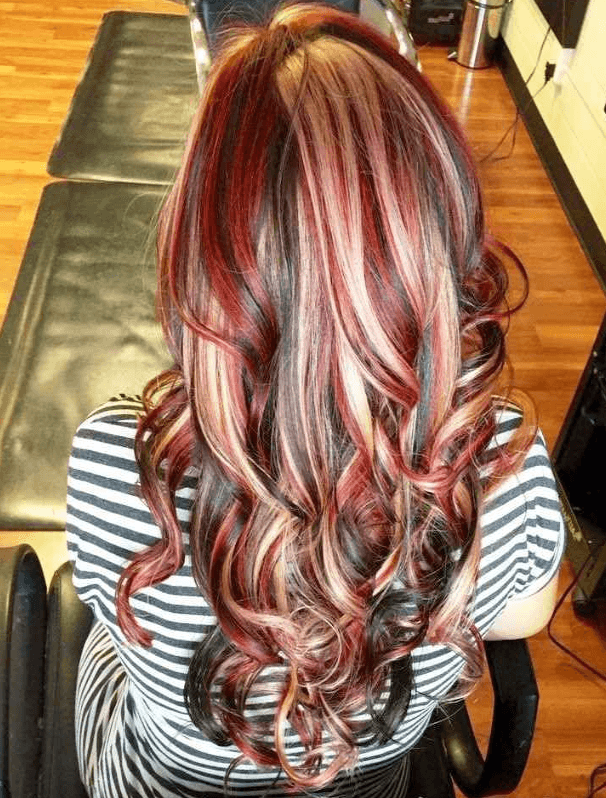 Dark Brown Hair With Chunky Red And Blonde Highlights 
