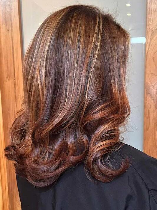 BROWN HAIRSTYLE WITH CARAMEL COLORED HIGHLIGHTS
