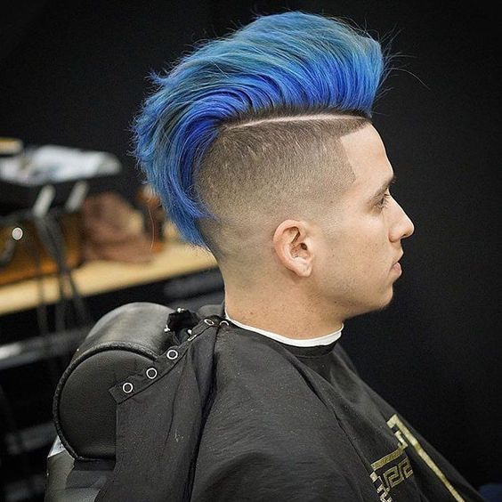 A blue modern pompadour with a side part