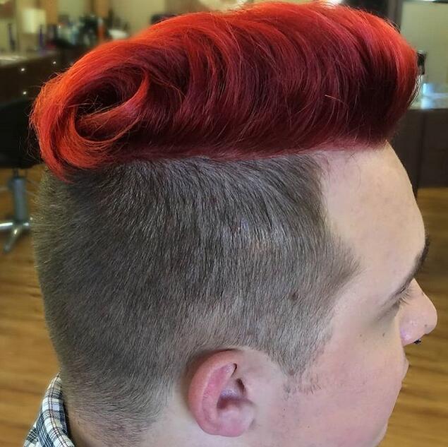 Red high pompadour fade haircut