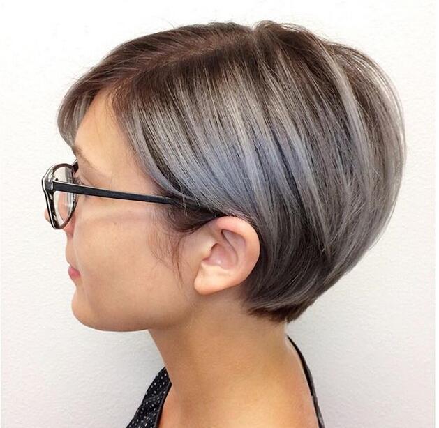 A neat gray long pixie cut