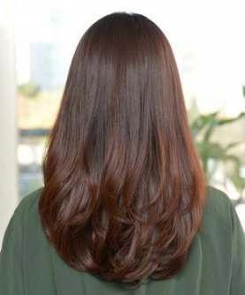 Thicker shoulder length chocolate dark hair with medium layering