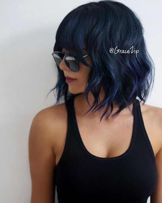 Wavy Bob with Blue Undertones and Bangs