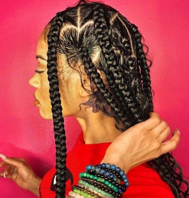 Heart-Parted Knotless Braids with Curly Strands